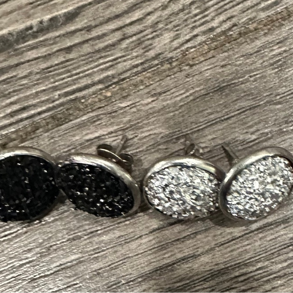 Re/Done Black and Silver Druzy Round Stud Earrings